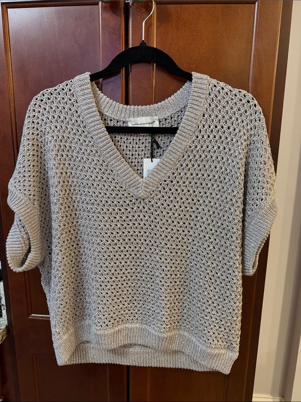 Open-Knit V-Neck Sweater in Light Taupe